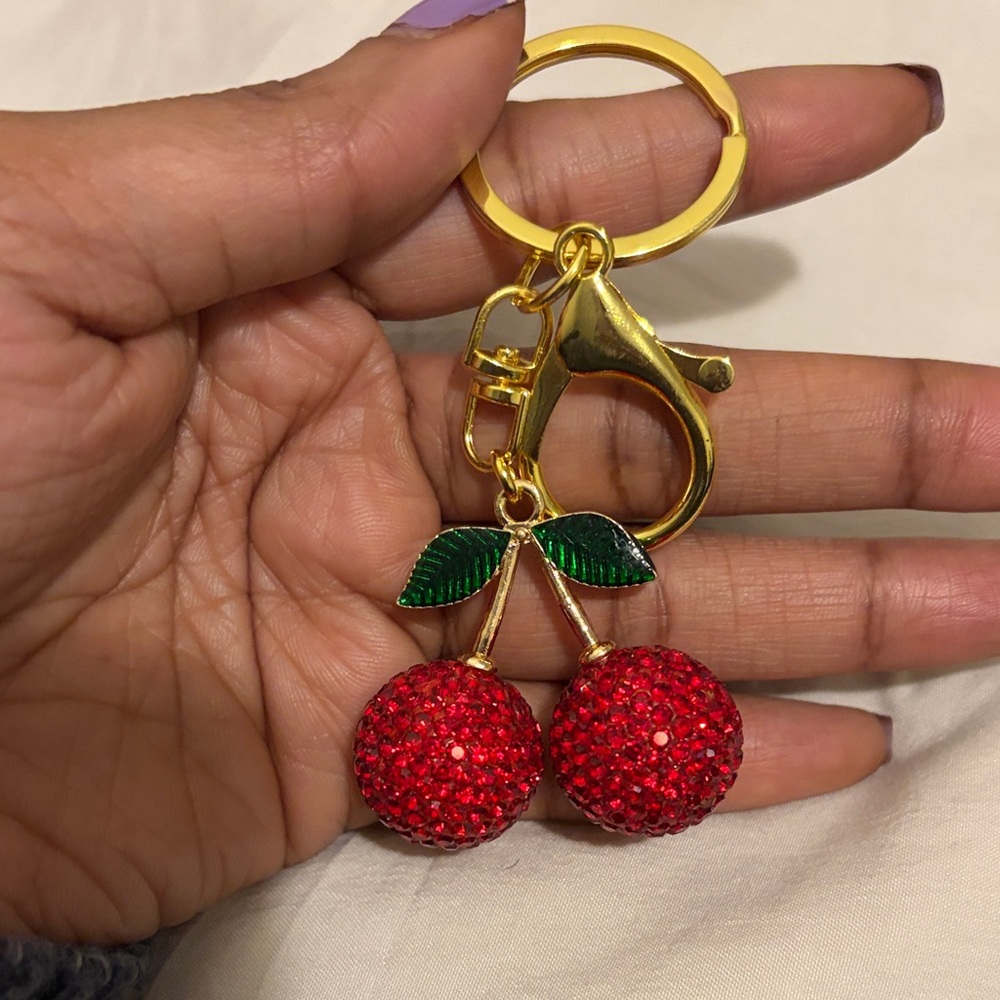 Red Cherry Keychain with Gold Accents
